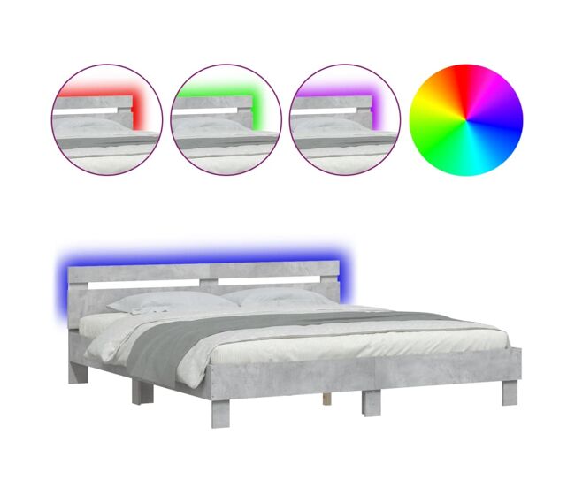 Estructura de cama matrimonial moderno con cabecero y luces led gris hormigón 200x200cm