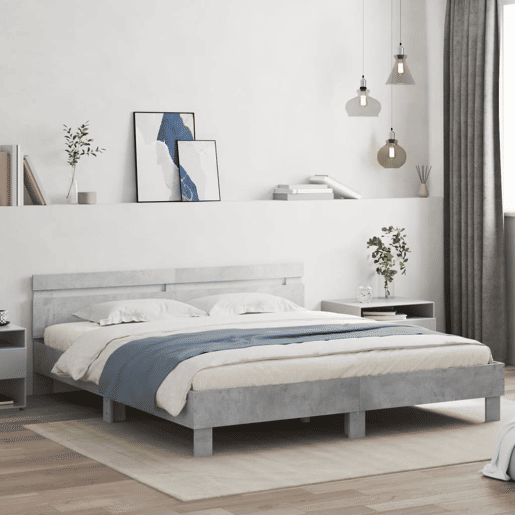 Estrutura de cama de casal cabeceira e luzes LED - 200x200cm cinzento cimento