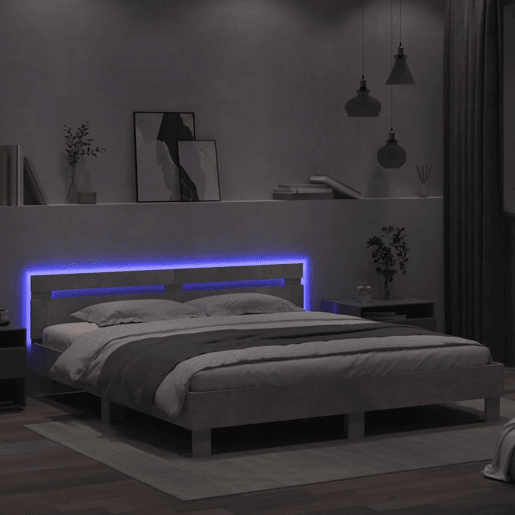 Estrutura de cama de casal cabeceira e luzes LED - 200x200cm cinzento cimento