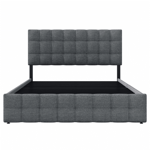 Cama estofada 140x200 cm - 4 gavetas, cabeceira ajustável, base de ripas, estrutura com espaço de arrumação - Cinza