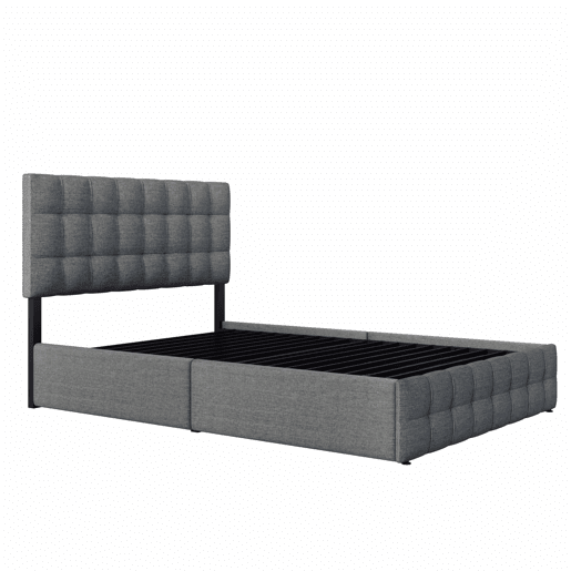 Cama estofada 140x200 cm - 4 gavetas, cabeceira ajustável, base de ripas, estrutura com espaço de arrumação - Cinza