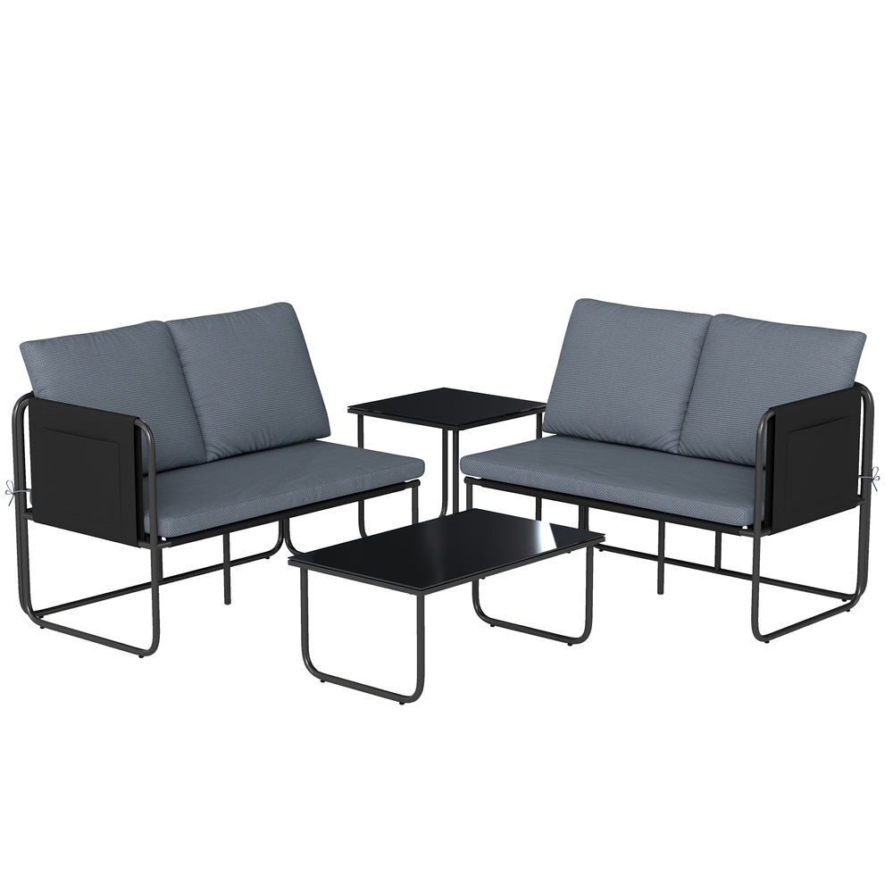 Outsunny conjunto jardín exterior de 4 piezas, muebles jardín exterior con 2 sofás 2 plazas, 2 mesas de vidrio, cojines, fundas extraíbles, bolsillos, tela textilene transpirable, marco acero, gris