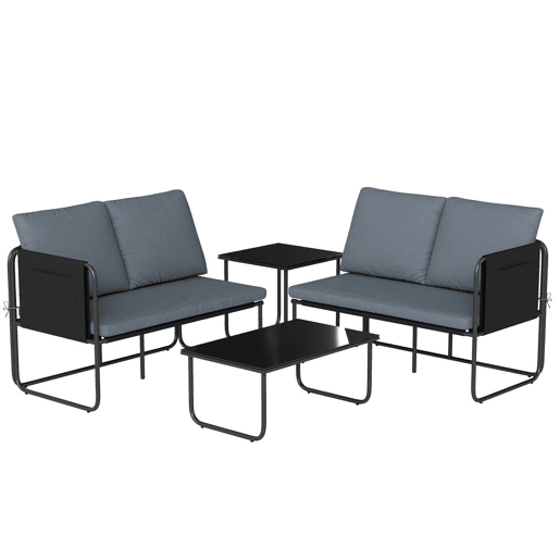 Outsunny Conjunto de Jardim de 4 Peças Móveis de Exterior com 2 Sofás de 2 Lugares 2 Mesas de Vidro Almofadas Capas Removíveis Bolsos Tecido Textilene Respirável Estrutura em Aço Cinzento
