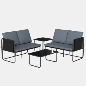 Outsunny Conjunto de Jardim de 4 Peças Móveis de Exterior com 2 Sofás de 2 Lugares 2 Mesas de Vidro Almofadas Capas Removíveis Bolsos Tecido Textilene Respirável Estrutura em Aço Cinzento