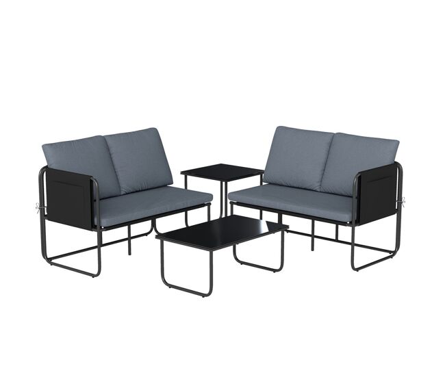 Outsunny conjunto jardín exterior de 4 piezas, muebles jardín exterior con 2 sofás 2 plazas, 2 mesas de vidrio, cojines, fundas extraíbles, bolsillos, tela textilene transpirable, marco acero, gris