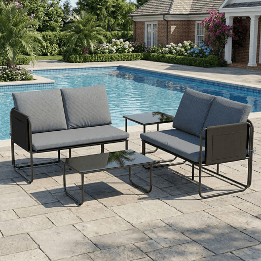 Outsunny Conjunto de Jardim de 4 Peças Móveis de Exterior com 2 Sofás de 2 Lugares 2 Mesas de Vidro Almofadas Capas Removíveis Bolsos Tecido Textilene Respirável Estrutura em Aço Cinzento