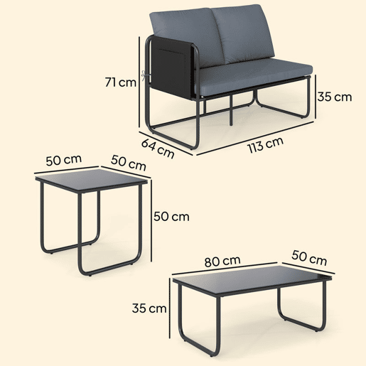 Outsunny Conjunto de Jardim de 4 Peças Móveis de Exterior com 2 Sofás de 2 Lugares 2 Mesas de Vidro Almofadas Capas Removíveis Bolsos Tecido Textilene Respirável Estrutura em Aço Cinzento