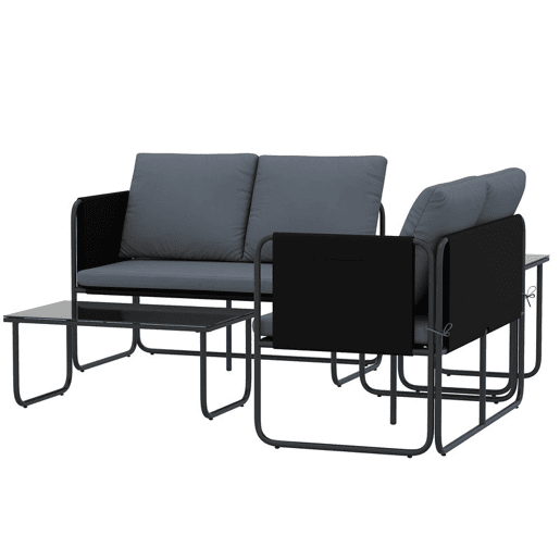 Outsunny Conjunto de Jardim de 4 Peças Móveis de Exterior com 2 Sofás de 2 Lugares 2 Mesas de Vidro Almofadas Capas Removíveis Bolsos Tecido Textilene Respirável Estrutura em Aço Cinzento