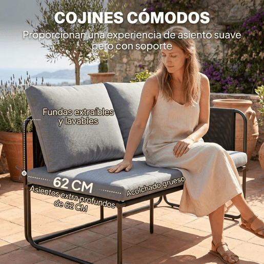 Outsunny Conjunto de Jardim de 4 Peças Móveis de Exterior com 2 Sofás de 2 Lugares 2 Mesas de Vidro Almofadas Capas Removíveis Bolsos Tecido Textilene Respirável Estrutura em Aço Cinzento