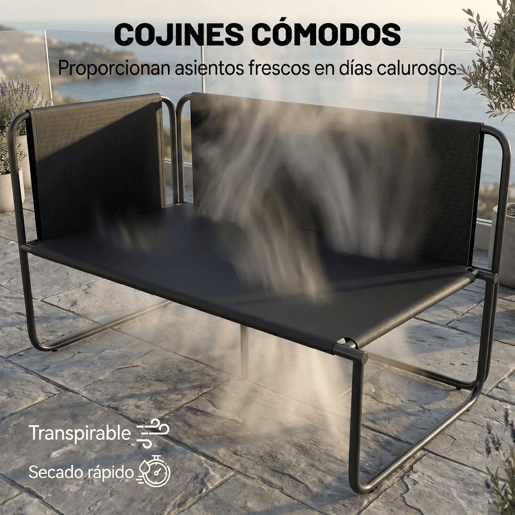 Outsunny Conjunto de Jardim de 4 Peças Móveis de Exterior com 2 Sofás de 2 Lugares 2 Mesas de Vidro Almofadas Capas Removíveis Bolsos Tecido Textilene Respirável Estrutura em Aço Cinzento