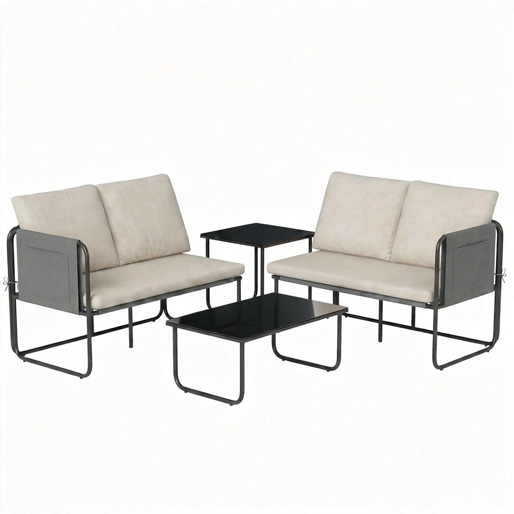 Outsunny conjunto jardín exterior de 4 piezas, muebles jardín exterior con 2 sofás 2 plazas, 2 mesas de vidrio, cojines, fundas extraíbles, bolsillos, tela textilene transpirable, marco acero, caqui