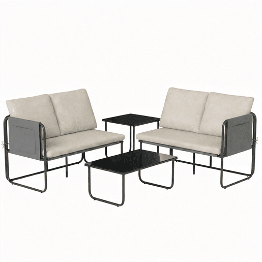 Outsunny Conjunto de Jardim de 4 Peças Móveis de Exterior com 2 Sofás de 2 Lugares 2 Mesas de Vidro Almofadas Capas Removíveis Bolsos Tecido Textilene Respirável Estrutura em Aço Preto e Bege
