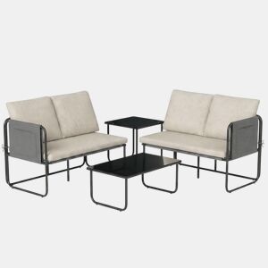 Outsunny Conjunto de Jardim de 4 Peças Móveis de Exterior com 2 Sofás de 2 Lugares 2 Mesas de Vidro Almofadas Capas Removíveis Bolsos Tecido Textilene Respirável Estrutura em Aço Preto e Bege