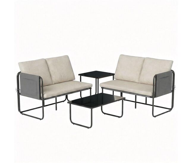 Outsunny conjunto jardín exterior de 4 piezas, muebles jardín exterior con 2 sofás 2 plazas, 2 mesas de vidrio, cojines, fundas extraíbles, bolsillos, tela textilene transpirable, marco acero, caqui