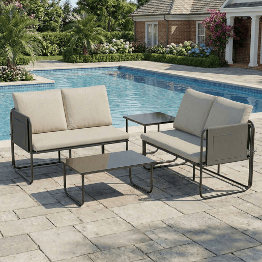 Outsunny Conjunto de Jardim de 4 Peças Móveis de Exterior com 2 Sofás de 2 Lugares 2 Mesas de Vidro Almofadas Capas Removíveis Bolsos Tecido Textilene Respirável Estrutura em Aço Preto e Bege