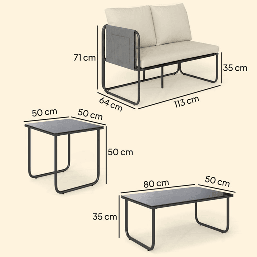 Outsunny Conjunto de Jardim de 4 Peças Móveis de Exterior com 2 Sofás de 2 Lugares 2 Mesas de Vidro Almofadas Capas Removíveis Bolsos Tecido Textilene Respirável Estrutura em Aço Preto e Bege