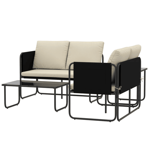 Outsunny Conjunto de Jardim de 4 Peças Móveis de Exterior com 2 Sofás de 2 Lugares 2 Mesas de Vidro Almofadas Capas Removíveis Bolsos Tecido Textilene Respirável Estrutura em Aço Preto e Bege