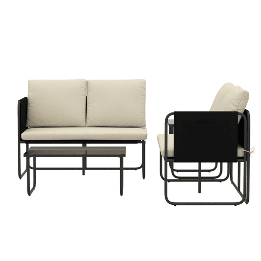 Outsunny Conjunto de Jardim de 4 Peças Móveis de Exterior com 2 Sofás de 2 Lugares 2 Mesas de Vidro Almofadas Capas Removíveis Bolsos Tecido Textilene Respirável Estrutura em Aço Preto e Bege