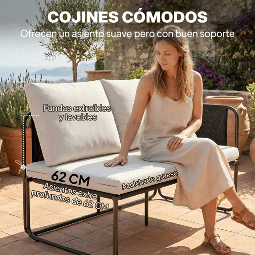 Outsunny Conjunto de Jardim de 4 Peças Móveis de Exterior com 2 Sofás de 2 Lugares 2 Mesas de Vidro Almofadas Capas Removíveis Bolsos Tecido Textilene Respirável Estrutura em Aço Preto e Bege