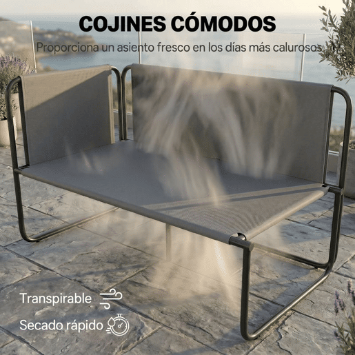 Outsunny Conjunto de Jardim de 4 Peças Móveis de Exterior com 2 Sofás de 2 Lugares 2 Mesas de Vidro Almofadas Capas Removíveis Bolsos Tecido Textilene Respirável Estrutura em Aço Preto e Bege