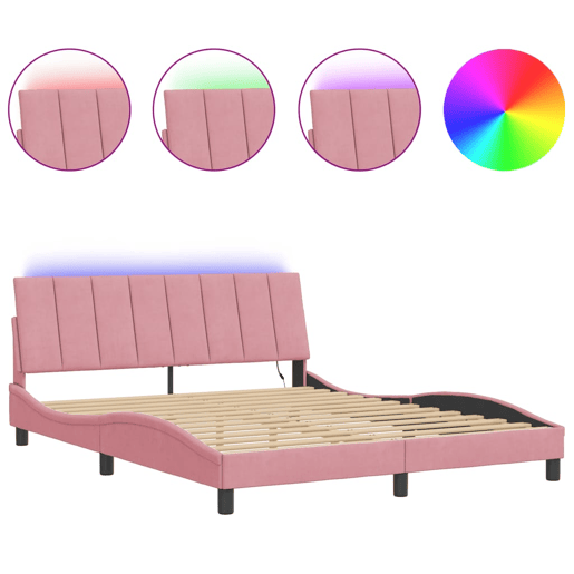 Estrutura de cama de casal moderno com LED - 160x200 cm veludo rosa