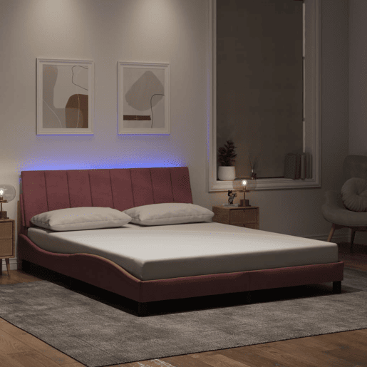 Estrutura de cama de casal moderno com LED - 160x200 cm veludo rosa