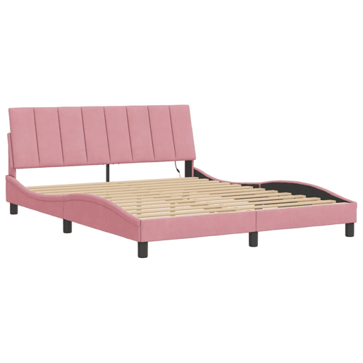Estrutura de cama de casal moderno com LED - 160x200 cm veludo rosa