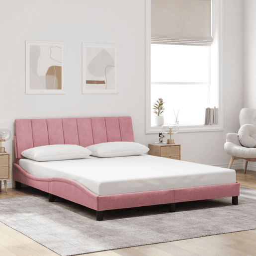 Estrutura de cama de casal moderno com LED - 160x200 cm veludo rosa