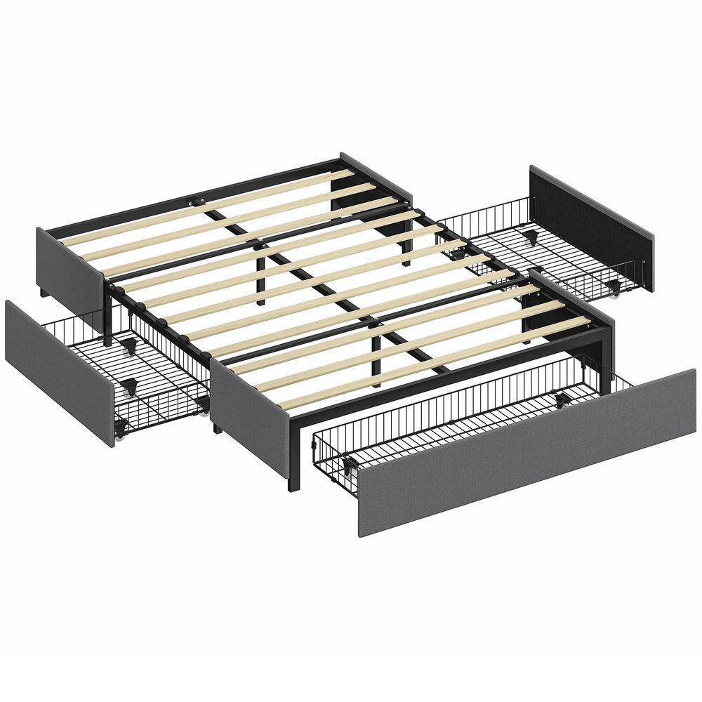 Homcom cama doble 140x190 cm estructura de cama somier con 3 cajones y estructura de acero carga 363 kg gris