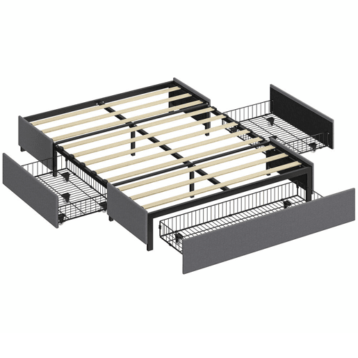 HOMCOM Cama Dupla 140x190 cm Estrutura com 3 Gavetas e Suporte de Aço até 363 kg Cinzento