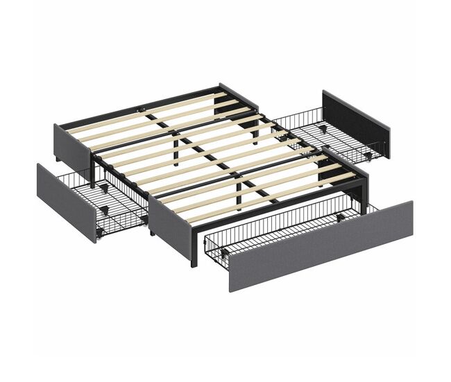 Homcom cama doble 140x190 cm estructura de cama somier con 3 cajones y estructura de acero carga 363 kg gris