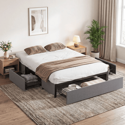 HOMCOM Cama Dupla 140x190 cm Estrutura com 3 Gavetas e Suporte de Aço até 363 kg Cinzento