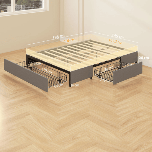 HOMCOM Cama Dupla 140x190 cm Estrutura com 3 Gavetas e Suporte de Aço até 363 kg Cinzento
