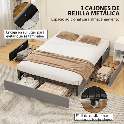 HOMCOM Cama Dupla 140x190 cm Estrutura com 3 Gavetas e Suporte de Aço até 363 kg Cinzento