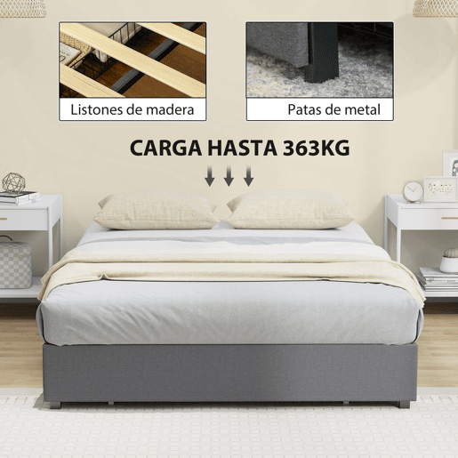 HOMCOM Cama Dupla 140x190 cm Estrutura com 3 Gavetas e Suporte de Aço até 363 kg Cinzento