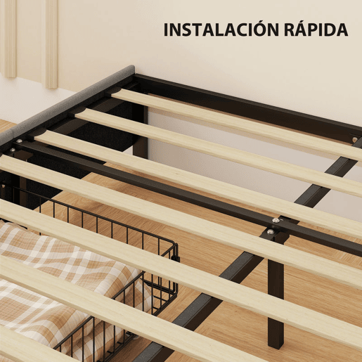 HOMCOM Cama Dupla 140x190 cm Estrutura com 3 Gavetas e Suporte de Aço até 363 kg Cinzento