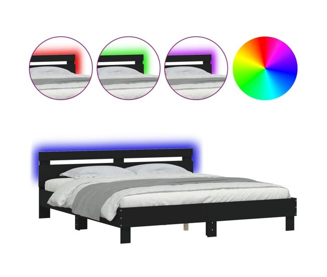 Estructura de cama doble matrimonial con cabecero y luces led negra 200x200 cm