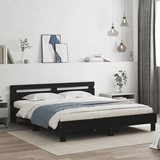 Estrutura de Cama de casal para adultos com cabeceira e luzes LED 200x200 cm preto