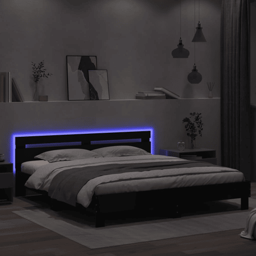 Estrutura de Cama de casal para adultos com cabeceira e luzes LED 200x200 cm preto