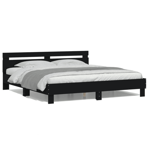 Estrutura de Cama de casal para adultos com cabeceira e luzes LED 200x200 cm preto