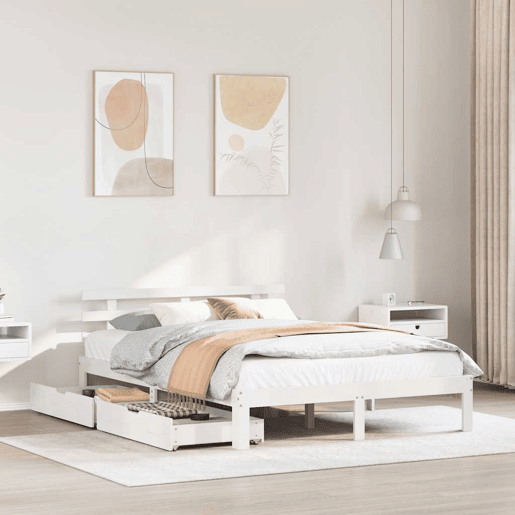 Estrutura De Cama De Casal Moderno c gavetas - 150x200 cm pinho maciço branco Estrutura De Cama De Casal Moderno c gavetas - 150x200 cm pinho maciço branco