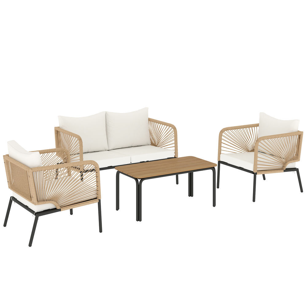 Outsunny conjunto jardín exterior de 4 piezas, muebles jardín exterior con sofá de 2 plazas, 2 sillones, mesa de wpc, ratán pe tipo cuerda, cojines acolchados y marco de metal para terraza, blanco