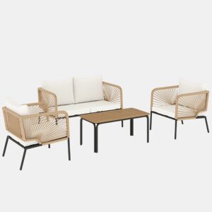 Outsunny Conjunto Jardim de 4 Peças Móveis Jardim Exterior com Sofá de 2 Lugares 2 Poltronas Mesa de WPC Vime PE Tipo Corda Almofadas Acolchoadas e Estrutura de Metal para Terraço Branco e Castanho