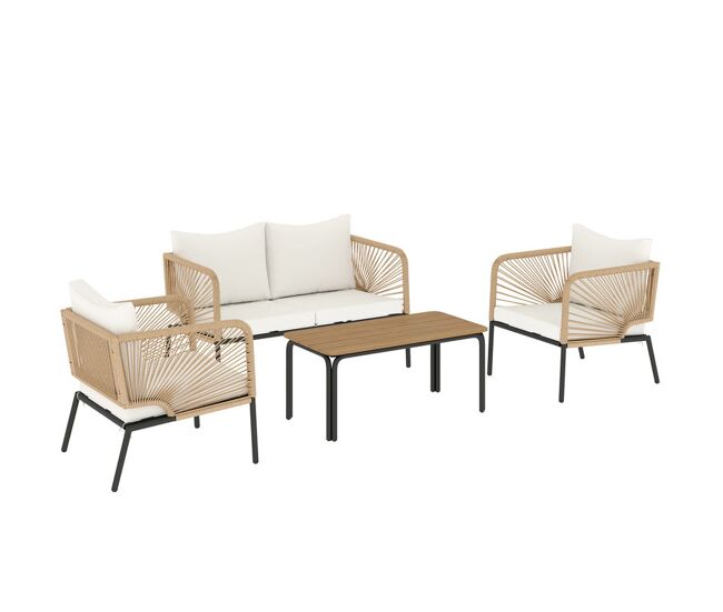 Outsunny conjunto jardín exterior de 4 piezas, muebles jardín exterior con sofá de 2 plazas, 2 sillones, mesa de wpc, ratán pe tipo cuerda, cojines acolchados y marco de metal para terraza, blanco