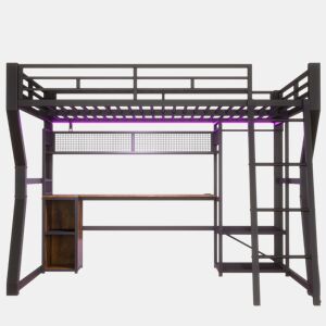 Cama alta com secretária 140x200 cm - estrutura em ferro com faixa de LED, tomada integrada, zona para pendurar roupa, secretária, prateleiras e compartimentos de arrumação, espaço inferior aberto, sem colchão - preto