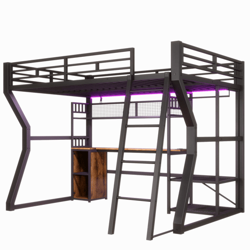 Cama alta com secretária 140x200 cm - estrutura em ferro com faixa de LED, tomada integrada, zona para pendurar roupa, secretária, prateleiras e compartimentos de arrumação, espaço inferior aberto, sem colchão - preto