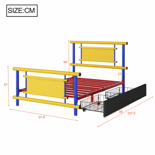 Cama infantil de metal 90 x 200 cm - com gavetas, estrutura robusta em aço, cama de plataforma que poupa espaço para meninos e meninas, design em cores vivas - azul