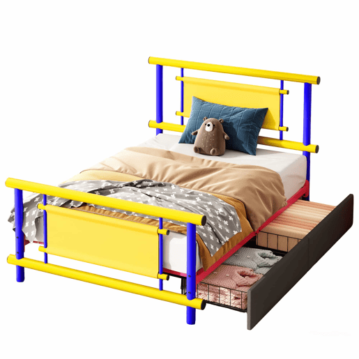 Cama infantil de metal 90 x 200 cm - com gavetas, estrutura robusta em aço, cama de plataforma que poupa espaço para meninos e meninas, design em cores vivas - azul