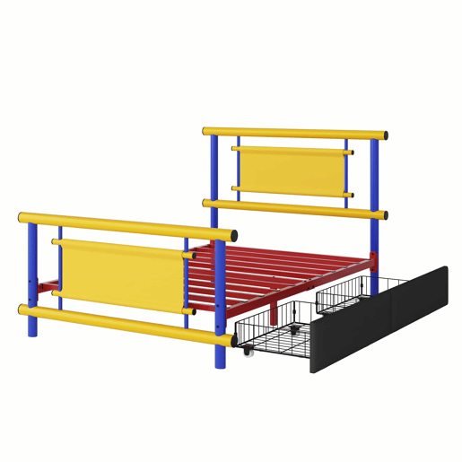Cama infantil de metal 90 x 200 cm - com gavetas, estrutura robusta em aço, cama de plataforma que poupa espaço para meninos e meninas, design em cores vivas - azul