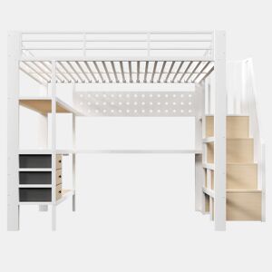Cama alta 140x200 cm - estrutura metálica com prateleira, gaveta, painel perfurado, secretária, tomada e luz LED, sem colchão - branco